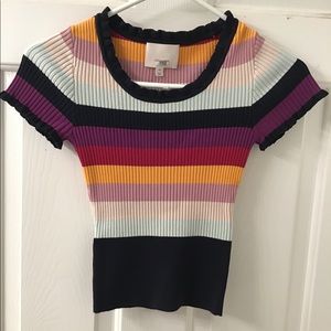 CINQ A SEPT RUFFLE NECK STRIPE SWEATER TOP EUC XS